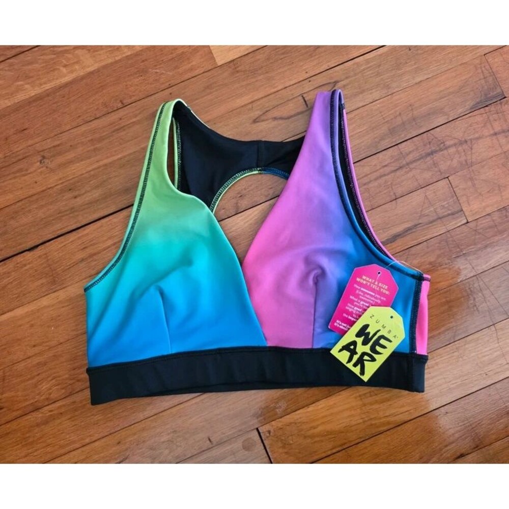 NWT Zumba Fitness WE AR Plunge V-Neck Sports Bra – Multicolor Ombre - Sz Large - Picture 2 of 9